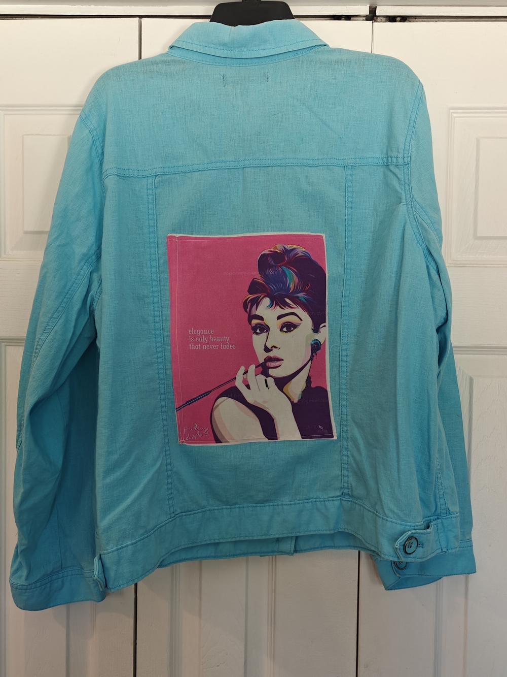 Upcycled Relativity Turquoise Linen Jacket with Audrey Hepburn Elegance Patch